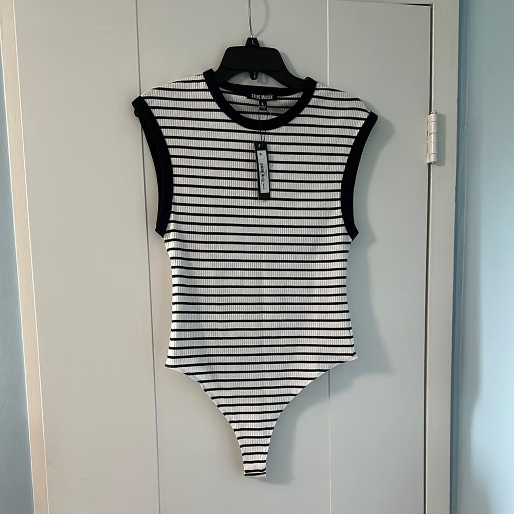 Dark Blue and White Striped Sleeveless Steve Madden Bodysuit NWT Sz L